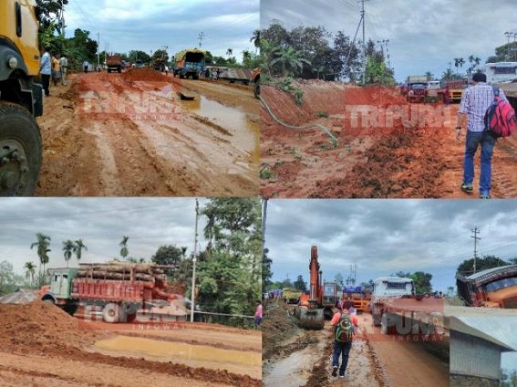 CPI-M's 23 yrs rule turns State PWD into a corruption den : incessant rain turns Agartala-Udaipur national highway into muddy terrain, Passengers forced to walk over 1 km